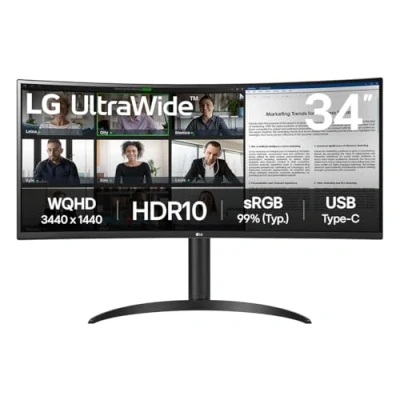 Image of LG Electronics Curved UltraWide Monitor 34WR55QK, 34 inch, 1440p, 100Hz, 5ms Response Time, VA Panel, Smart Energy Saving, USB C (65W Power Delivery), Displayport, HDMI