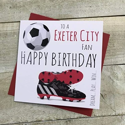 Image of WHITE COTTON CARDS Exeter City Grecians FC Football Club Fan Birthday Card BOOTS &amp; BALL DESIGN (100)