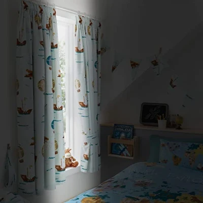 Image of Happy Linen Company Girls Boys World Explorer Map Light Blue 66&quot; x 72&quot; Ring Track Pole Fully Lined Thermal Blackout Pencil Pleat Curtain Set