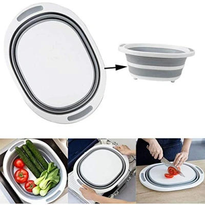 Image of Mantraraj 2 in 1 Collapsible Vegetable Fruit Strainers Wash Basin Bucket Basket, Chopping Cutting Board Ice Sink Bowl Folding Drain Tub