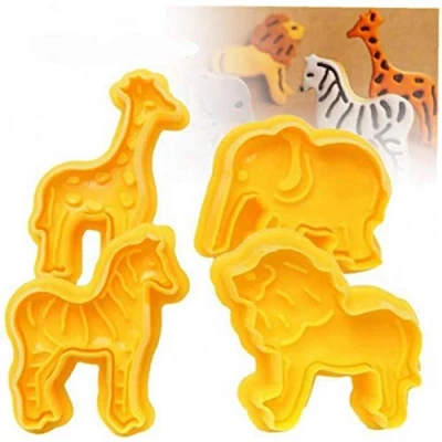 Image of 4 pcs/Set Cartoon Animals Plastic Cookie Cutters Elephant Giraffe Lion Zebra Cake Plunger Tools Pastry Fondant Biscuit Mold Random Color