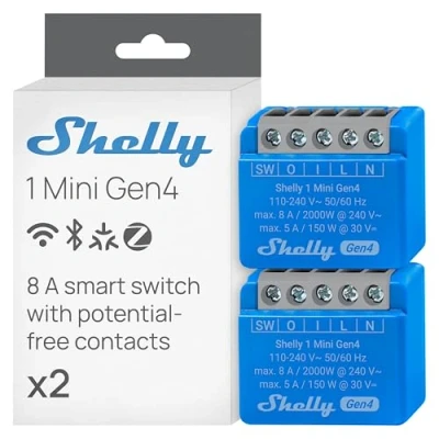Image of Shelly 1 Mini Gen4 Wi Fi Smart Relay Switch, Channel, 8A, Dry Contacts, Home Automation, Garage Door Remote Control, No Hub Required, Matter, Alexa, Google Home, Apple HomeKit, Zigbee (2 Pack)