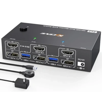 Image of 4K@144Hz KVM Switch 2 Monitors Computers 8K@60Hz, MLEEDA HDMI and Displayport Dual Monitor with 4 USB 3.0 Port for Keyboard Mouse Printer,Wired Remote,Power Adapter Cable Included