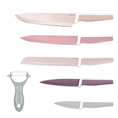 Image of Navaris Knives and Peeler Set 5 Stainless Steel Kitchen Knife &amp; 1 Ceramic Blade Pastel Colour with Bread Knife, Paring More