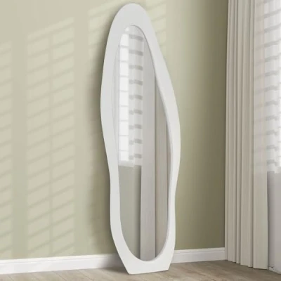 Image of HOMCOM Irregular Wavy Mirror Full Length 160x50cm, Arched Floor Standing Mirror, Leaning or Wall Mounted, Velvet Wrapped for Bedroom, Living Room, White