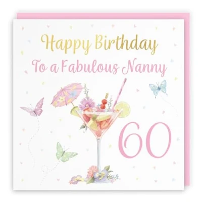 Image of Hunts England 60th Nanny Pink Cocktail And Butterflies Birthday Card Luxury Gold Foil Milo&#039;s Gallery Age 60 Drinks, Flowers, Hearts Elegant For