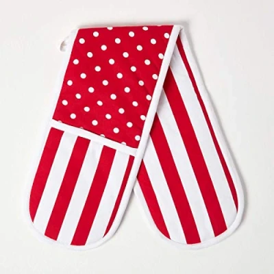 Image of HOMESCAPES Pure Cotton Double Oven Glove Red Dots 18 x 84 cm Fully Coordinated Washable Kitchen Linen