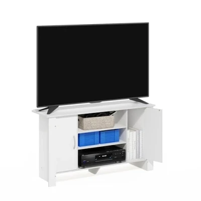 Image of Furinno TV Stand Entertainment Center, Engineered Wood, White, 14.21 (D) x 57.91 (W) 34.29 (H) cm