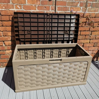 Image of 335 Litre Rattan Style Garden Cushion Storage Box with Sit on Lid Dark Brown