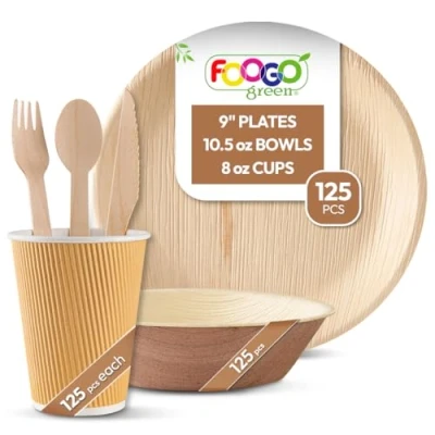 Image of FOOGO Green 750pcs Disposable Palm Leaf Plates and Bowls, Paper Cups Wooden Cutlery Set, FSC® Certified, 125x Large Plates, Cups, 125xForks, 125xKnives, Spoons, Eco Friendly