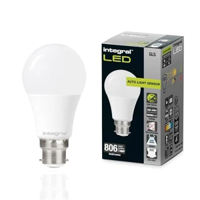 Image of Integral LED B22 Non Dimmable Dusk to Dawn Dual Sensor Frosted GLS Bulb Cool White 4000K, 806lm, 8W (60W Equivalent) Energy efficient &amp; Ideal for Outdoor, Porch, Garage, Garden, Patio