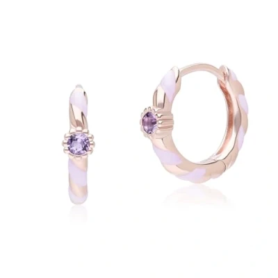 Image of Siberian Waltz Violet Enamel &amp; Round Pink Amethyst Hoop Earrings In Rose Gold Vermeil