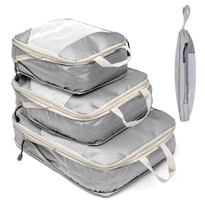 Image of Suitcase Organiser Packing Cubes Compression Set Waterproof Bags for Suitcases Travel Essentials Expandable Pack Hand Luggage, Grey,