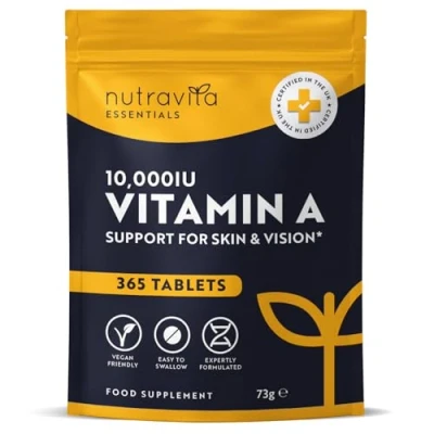 Image of Vitamin A 10,000 IU 365 Tablets (1 Year Supply) High Strength Supplement for Normal Skin, Eyes &amp; Immune System Alternative to Capsules Vegan Friendly Nutravita