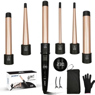 Image of janelove Hair Curler, Curling Wand,6 in 1 Iron Set for Long/Short Hair, with 5 Interchangeable Ceramic Barrel,Include Large/Small Waver,Hair Crimpers Heat Resistant Glove