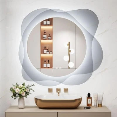Image of Dripex LED Bathroom Mirror, Cloud Backlit Round Makeup Mirror with Light, Anti fog, 3 Colors Dimmable Lights, Memory Function, Illuminated Wall Mounted Vanity For Bedroom 786 x 726 mm