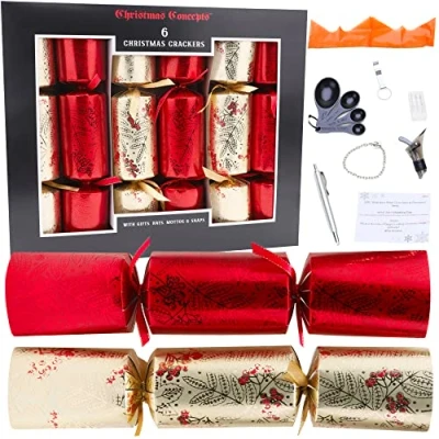 Image of Christmas Concepts® 6 Large Deluxe Festive Pattern Crackers Hats, Mottos, Snaps &amp; Novelty Gift Included 2 Designs Available …