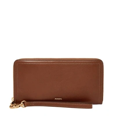 Image of Fossil Women&#039;s Logan Leather RFID Blocking Zip Around Clutch Wallet with Wristlet Strap for Women, Brown, One Size