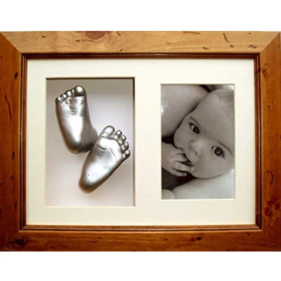 Image of BabyRice 3D Baby Casting Kit with Rustic Wooden Display Frame, Silver Painted Hand and Foot Casts