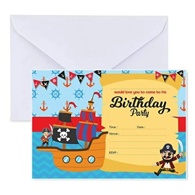 Image of Papa Prints Pack of 32 Pirate Birthday Card Kids (105 x 149 mm) Invitation Cards with Envelopes for Event