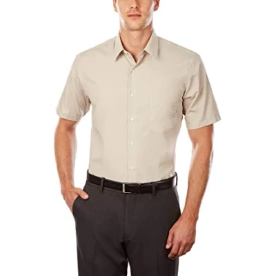 Image of Van Heusen Men&#039;s Short Sleeve Dress Shirt Regular Fit Poplin Solid, Stone, 17&quot; Neck