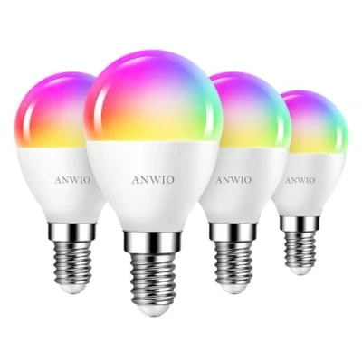 Image of ANWIO E14 Smart Bulb,Smart Light Bulb Golfball,E14 Colour Changing Bulb,470Lm, 5W Replace 40 Watt WiFi Bulb,E14 SES Small Screw (4 Pack)
