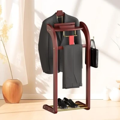 Image of Qcesorib Deluxe Suit Valet Stand with Tray, for Bedroom Trouser Hanger, Solid Wood Rack Tie W 40 X D 35 H 114 cm, Bathroom Office