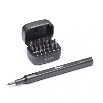 Image of SATA 6 Piece Stubby Ratcheting Screwdriver Set with Three Settings and a Green Yellow Storage Handle ST09348