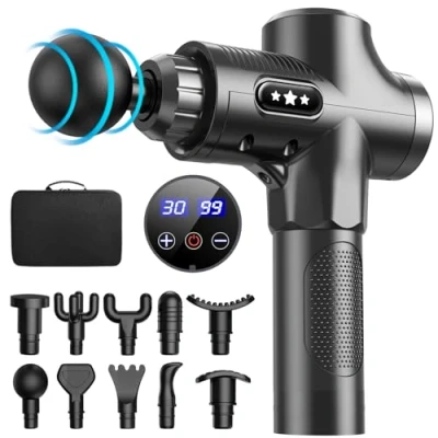 Image of Massage Gun, ANSGEC Muscle Gun with 10 Heads and 3500RPM, 30 Speeds Anti Slip Electric Handheld Massagers, Type C Charging Deep Tissue for Body Relax, LCD Display