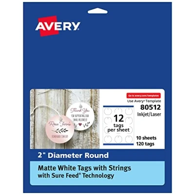 Image of Avery Round Tags with Sure Feed Technology, 2&quot; Diameter, Matte White, 120 Strings, Print to The Edge, Laser/Inkjet Printable (80512)