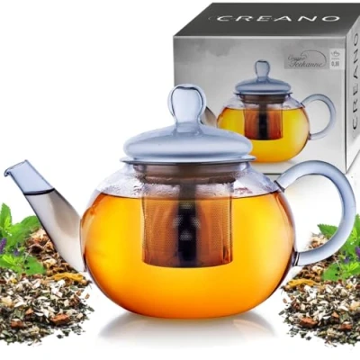 Image of Creano Glass Teapot 800ml Stovetop Safe Tea Kettle with Stainless Steel Infuser and Lid Ideal for Preparing Loose Teas Drip Free