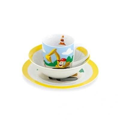 Image of GREENBOX Porcelain Children&#039;s Crockery Set I Breakfast 3 Piece Dishwasher Safe Cup Plate Bowl with Motif Gift Ideas for Children Funny Tableware Digger Picture