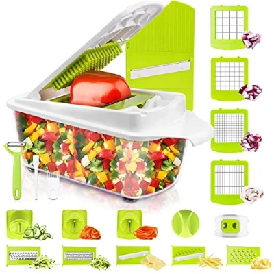 Image of Sedhoom Direct Vegetable Cutter, 23 Piece Multifunctional Fruit Slicer, Dicer, Grater, Shredder, Spiralizer, Green ABS, Stainless Steel Blades