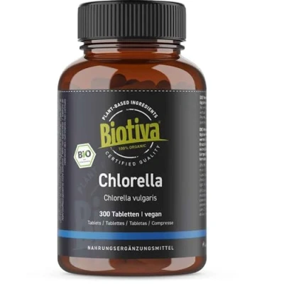 Image of Biotiva Chlorella Tablets Organic high dose (300 Tablets) 500mg pellets 100% Pure Vegan Algae Without Magnesia Stearate Packed and Controlled in Germany (DE ECO 005)