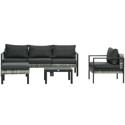 Image of Outsunny 6 Pieces PE Rattan Garden Furniture Set with Sofa, Armchairs, Stool, Patio Sofa Metal Coffee Table, Cushions, for Poolside, Charcoal Grey