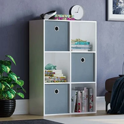Image of Vida Designs Durham Cube Bookcase Storage Organiser Living Room Bookshelf Home Office Furniture (6 &amp; 3 Grey Baskets, White)