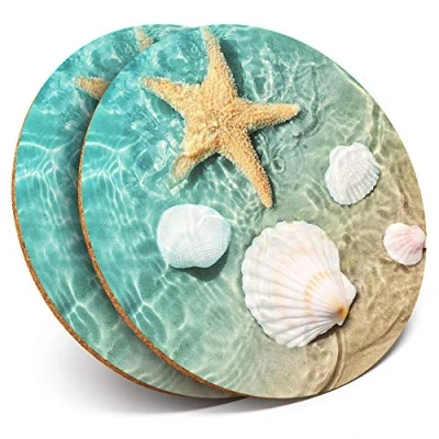 Image of 2 x Round Coasters Seashell Starfish Beach Ocean Shells Cork Backed Home Kitchen Accessory Tea Coffee Mug Mat #16972