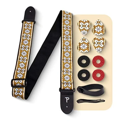 Image of Perri&#039;s Leathers Ltd Guitar Strap Bundle BONUS 3 Medium 0.71mm Picks, 1 Leather Acoustic Adaptor, 4 Locks (Yellow Crossroads)