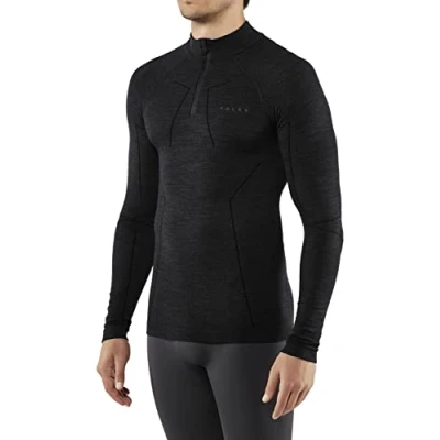 Image of FALKE Men&#039;s Wool Tech High Zip Neck M L/S SH Thermal Breathable Quick Dry 1 Piece Base Layer Top, Black (Black 3000), S