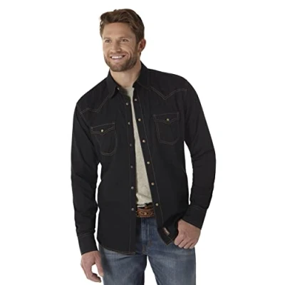Image of Wrangler Men&#039;s Retro Two Pocket Long Sleeve Snap Shirt, Black, XL