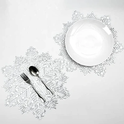 Image of Snowflake Placemats Sets of 12 Silver Laminated Metallic Vinyl Round 15 inch Diameter Winter Festival Table Decorations for Holiday Party Feast Christmas by Snowkingdom