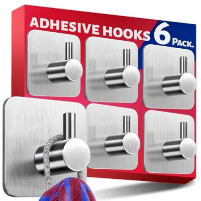 Image of Menz Self Adhesive Hooks, Set of 6 Stick on Hooks Stainless Steel, Strong Sticky for Hanging Towels, Bathroom Towel Tea