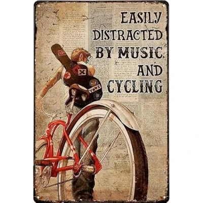 Image of Metal Tin Retro Sign Easily Distracted By Music And Cycling Dictionary Vintage Art, Poster, Wall Living Room Decor 12x16 Inch