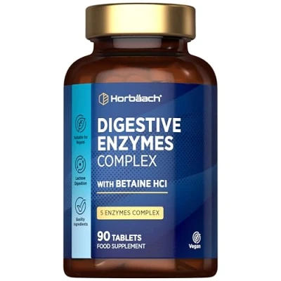 Image of Digestive Enzymes Supplements with Betaine Hydrochloride Complex Providing Amylase, Lactase &amp; Lipase 90 Vegan Tablets High Strength by Horbaach