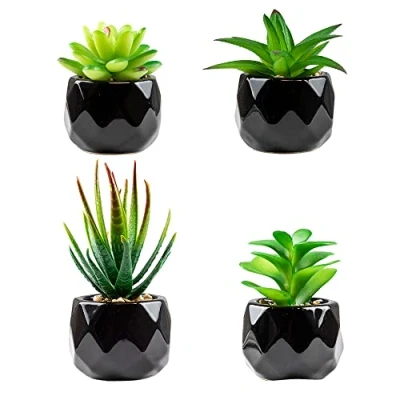 Image of Artificial Plants Indoors In Pots, Fake Outdoor, Mini black Ceramic Potted, Green Succulents Decor for Bedroom Aesthetic, Faux Desk Plant Bathroom ,Living Room, Office Decoration (4)