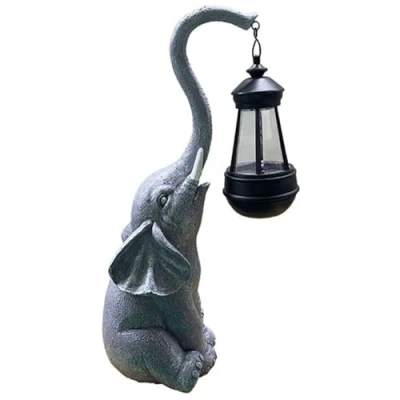 Image of Elephant LED Solar Lantern Warm White with Battery Garden Lamp Grey