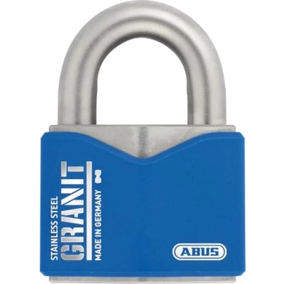 Image of ABUS Granit padlock 37ST/55 made of stainless steel for outdoor use with Plus disc cylinder security level 10 blue/silver