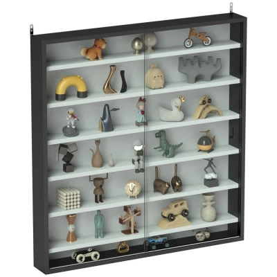 Image of HOMCOM 7 Tier Wall Mounted Display Cabinet, Case with 6 Adjustable Shelves, Glass Doors for Home Office Ornaments 83x80cm, Black and White