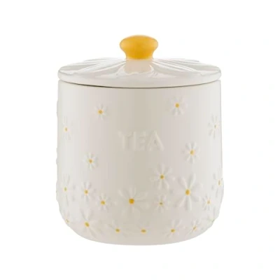 Image of Price &amp; Kensington Daisy Tea Storage Jar 700ml Airtight Ceramic Canister Embossed 3D Lid with Hand Painted Yellow Handle Cream Glaze Kitchen Container