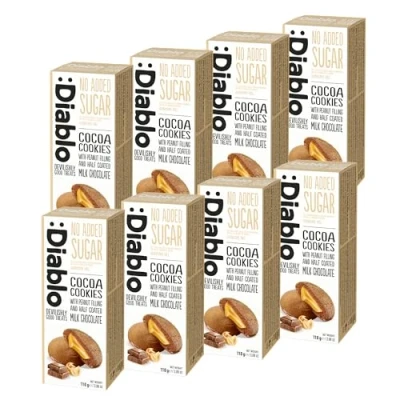 Image of Diablo No Added Sugar Cocoa Cookies with Peanut Filling and Half Coated Milk Choclate 110g (Pack Of 8)